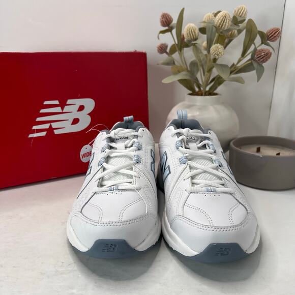 New Balance WX608V5 Faux Leather Sneakers White/Blue Women 8 Wide Tried On - Picture 2 of 10